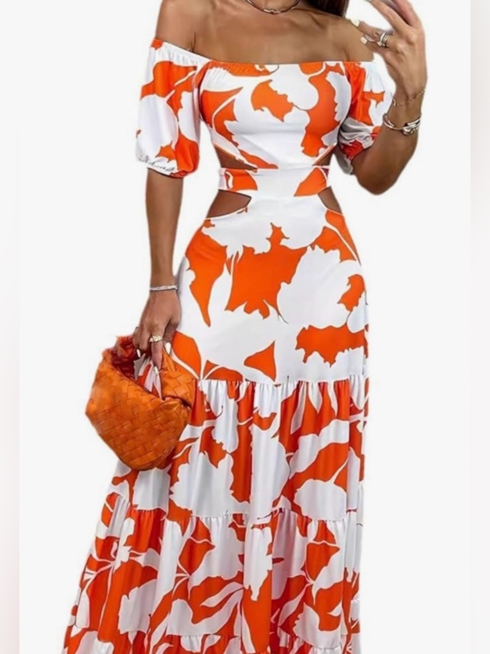 Women's Orange and White Off the Shoulder Maxi Dress, Size XL